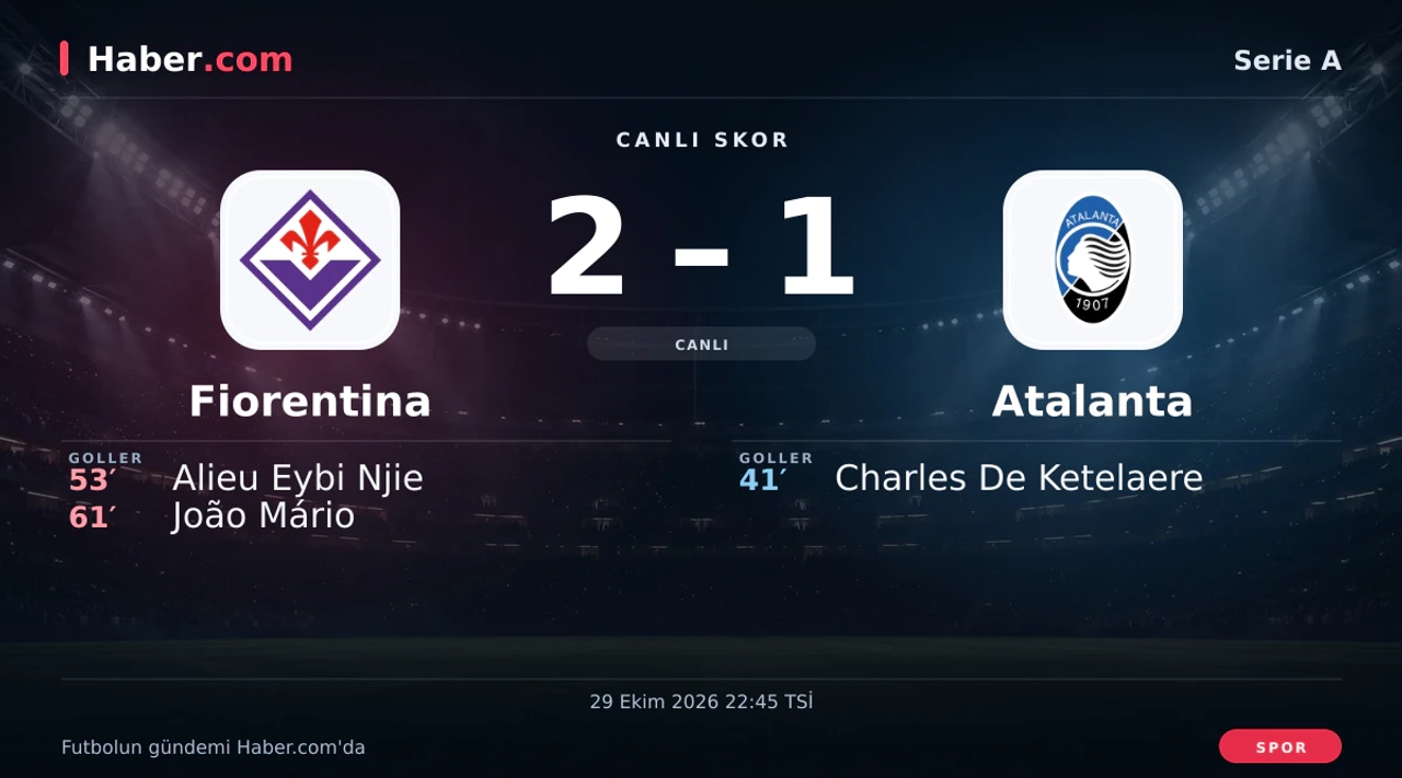 Fiorentina - Atalanta: João Mário 61. dakikada gol attı (2-1) | 29 Ekim 2026