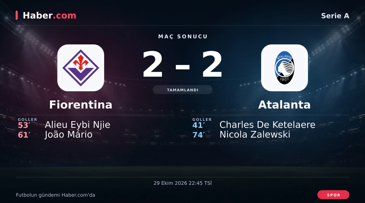 Fiorentina - Atalanta: Nicola Zalewski 74. dakikada gol attı (2-2) | 29 Ekim 2026