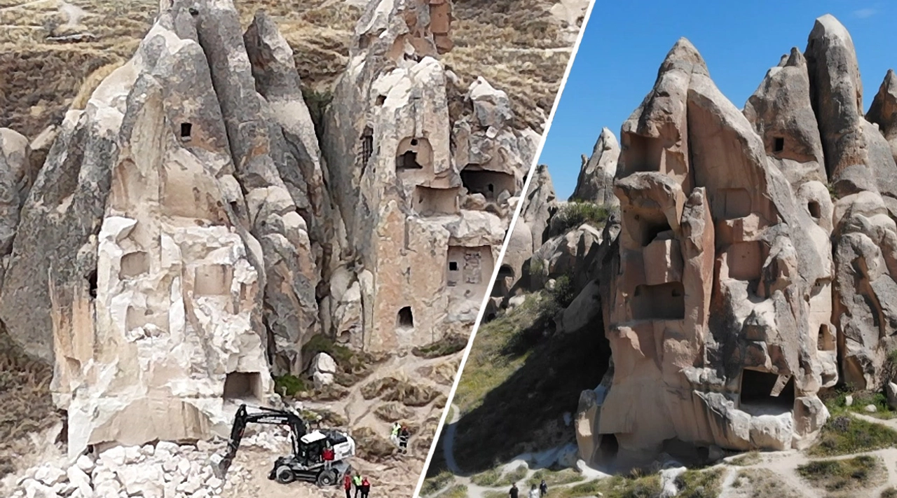 Kapadokya'da peribacası faciası öncesi sonrası görüntülendi