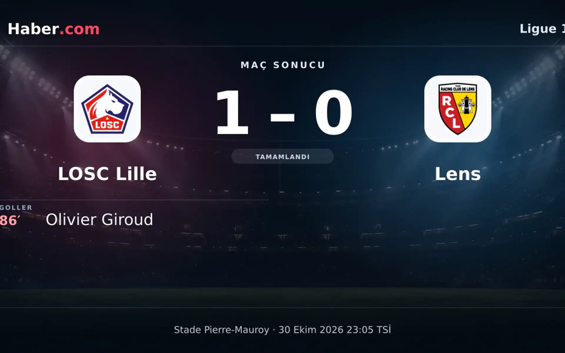 LOSC Lille - Lens: Olivier Giroud 86. dakikada gol attı (1-0) | 30 Ekim 2026