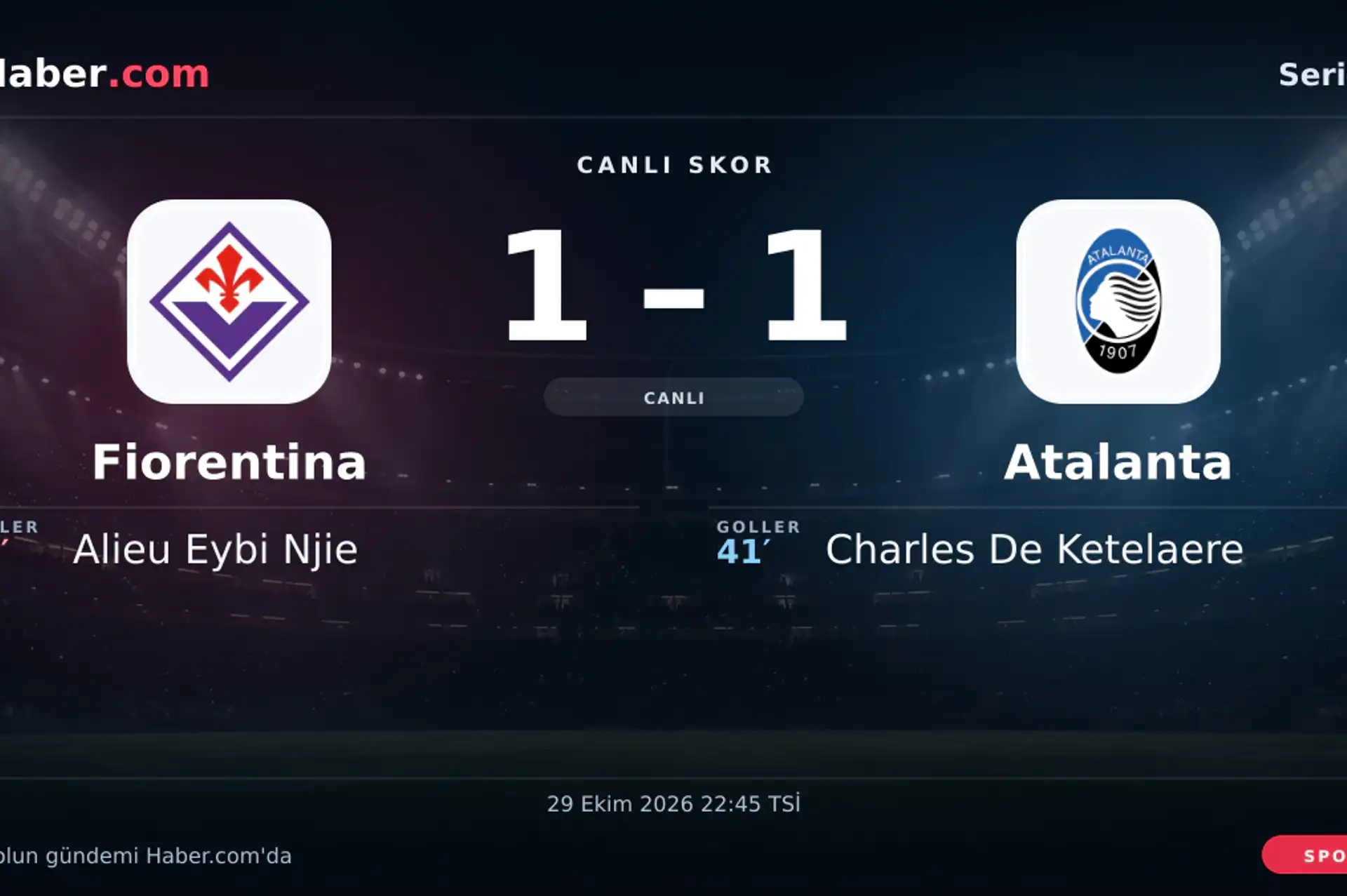 Fiorentina - Atalanta: Alieu Eybi Njie 53. dakikada gol attı (1-1) | 29 Ekim 2026
