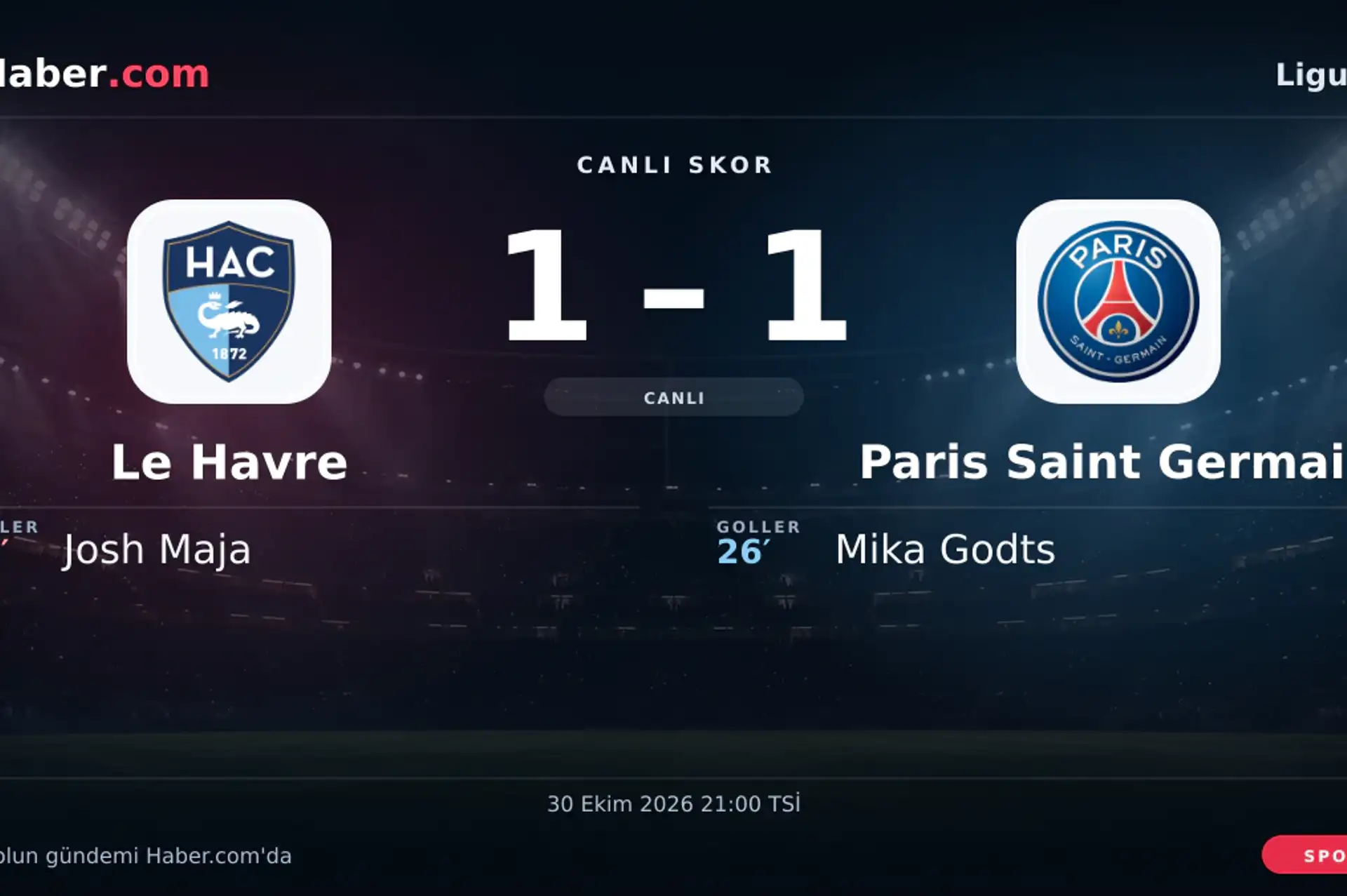 Le Havre - Paris Saint Germain: Mika Godts 26. dakikada gol attı (1-1) | 30 Ekim 2026