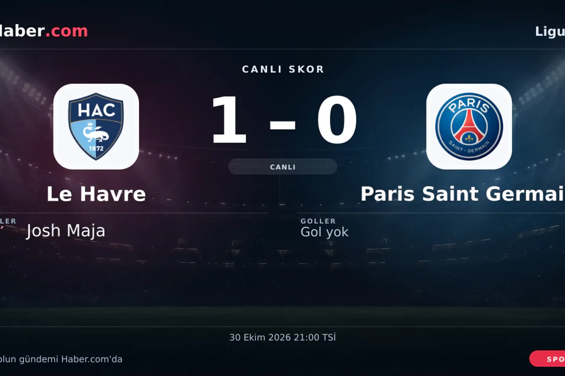 Le Havre - Paris Saint Germain: Josh Maja 18. dakikada gol attı (1-0) | 30 Ekim 2026