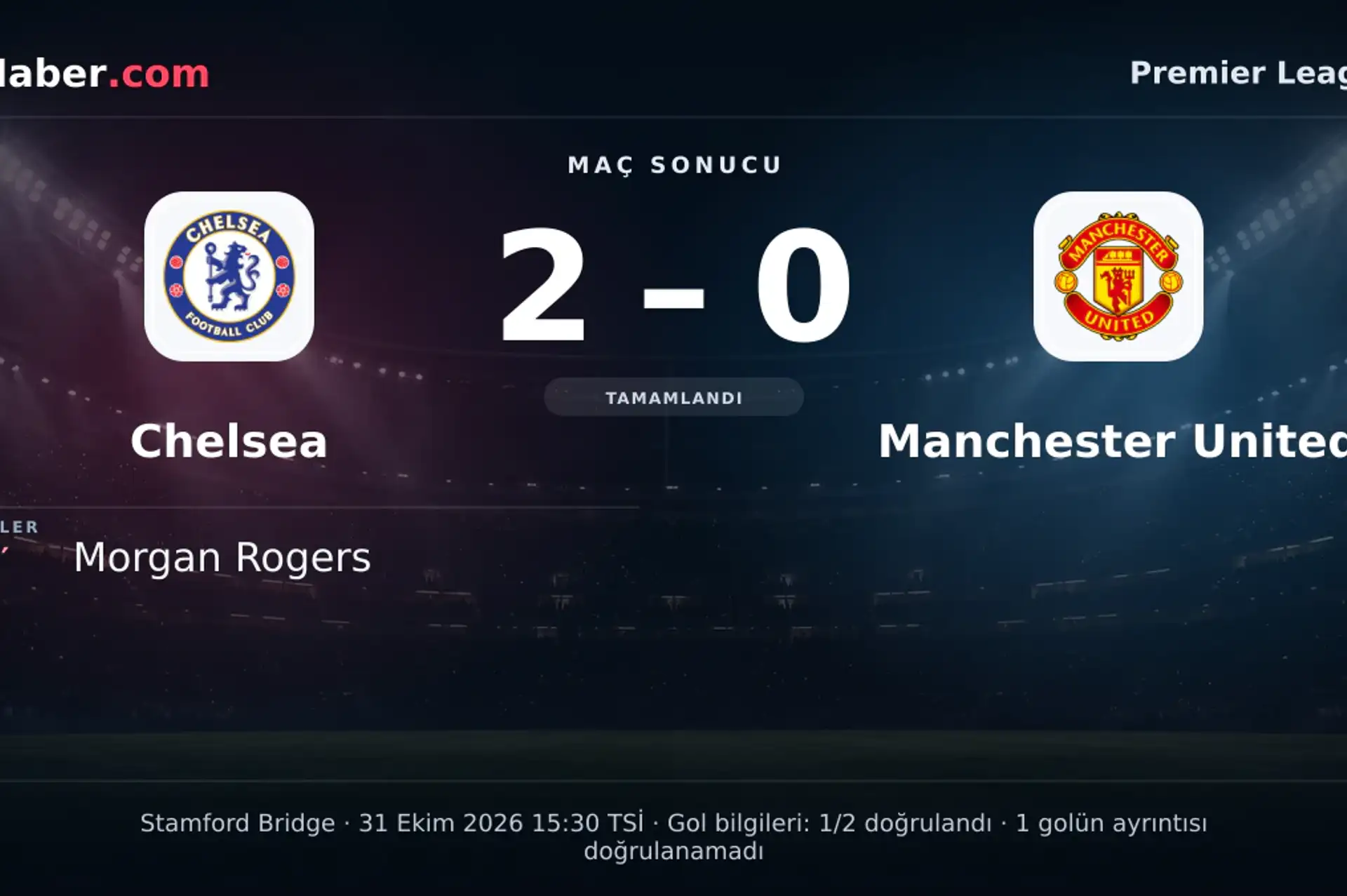 Premier League: Chelsea: 2 - Manchester United: 0 (Maç sonucu) | 31 Ekim 2026
