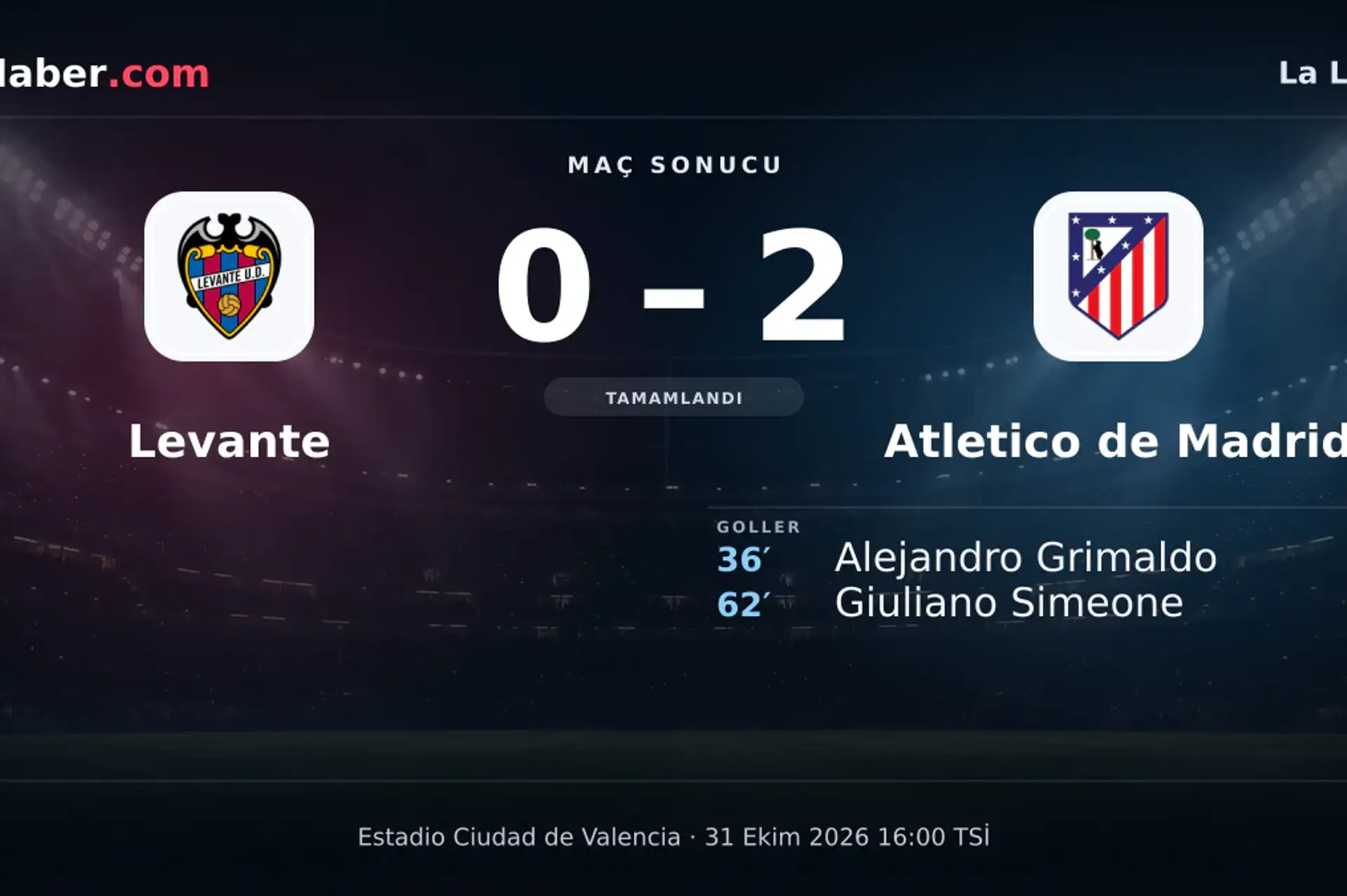 Levante - Atletico de Madrid: Giuliano Simeone 62. dakikada gol attı (0-2) | 31 Ekim 2026