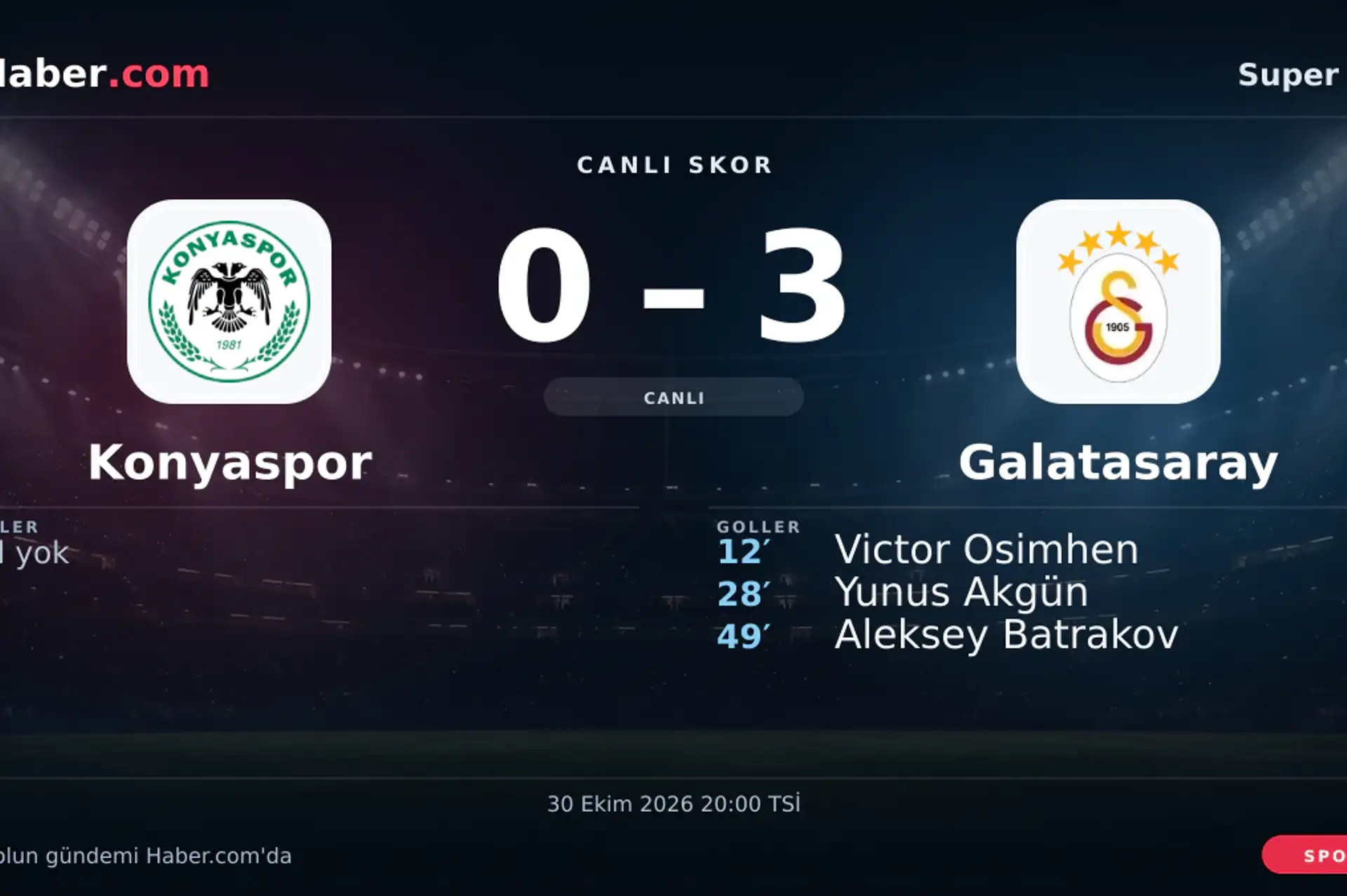 Konyaspor - Galatasaray: Aleksey Batrakov 49. dakikada gol attı (0-3) | 30 Ekim 2026