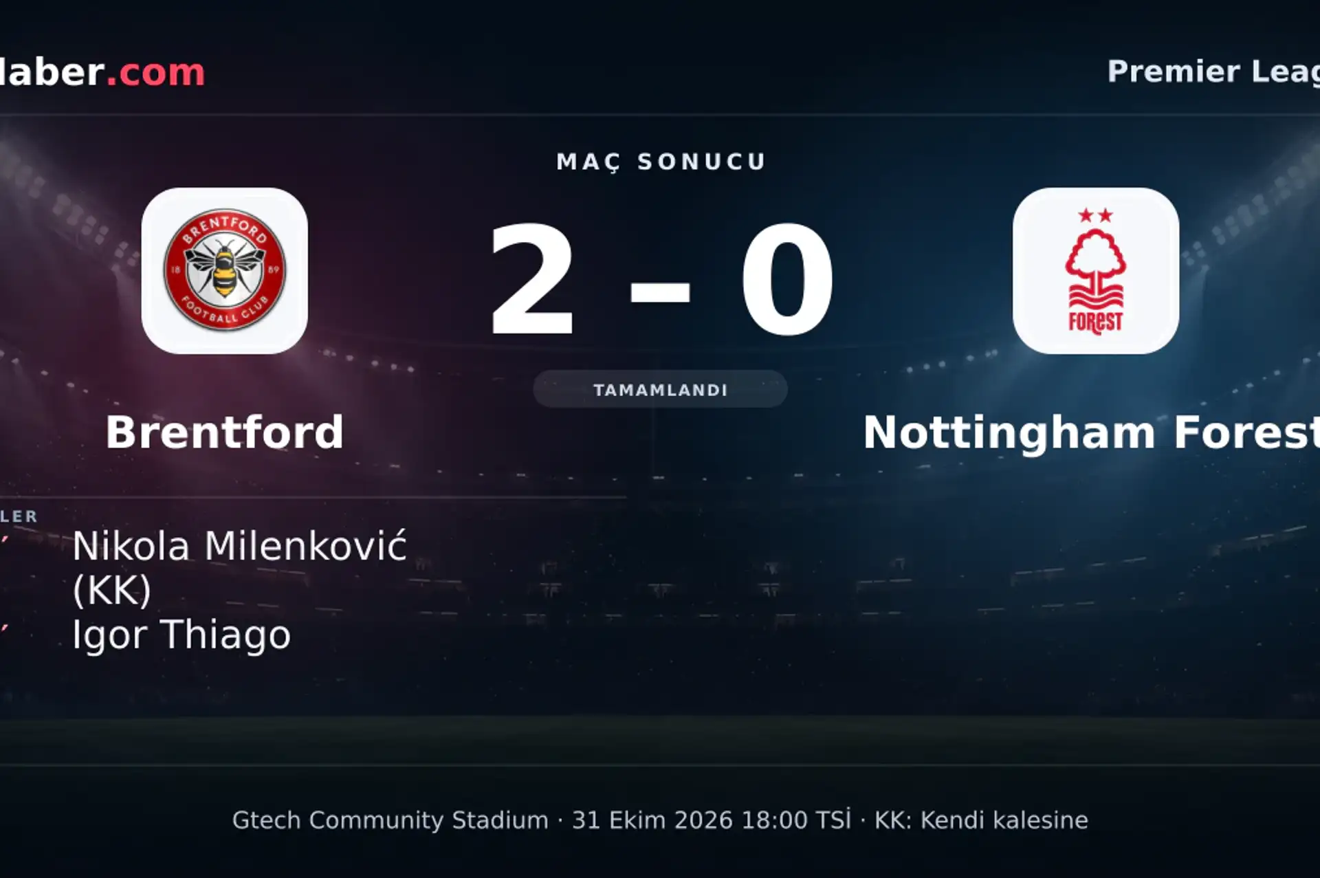 Brentford 2-0 Nottingham Forest: maç sonucu ve goller