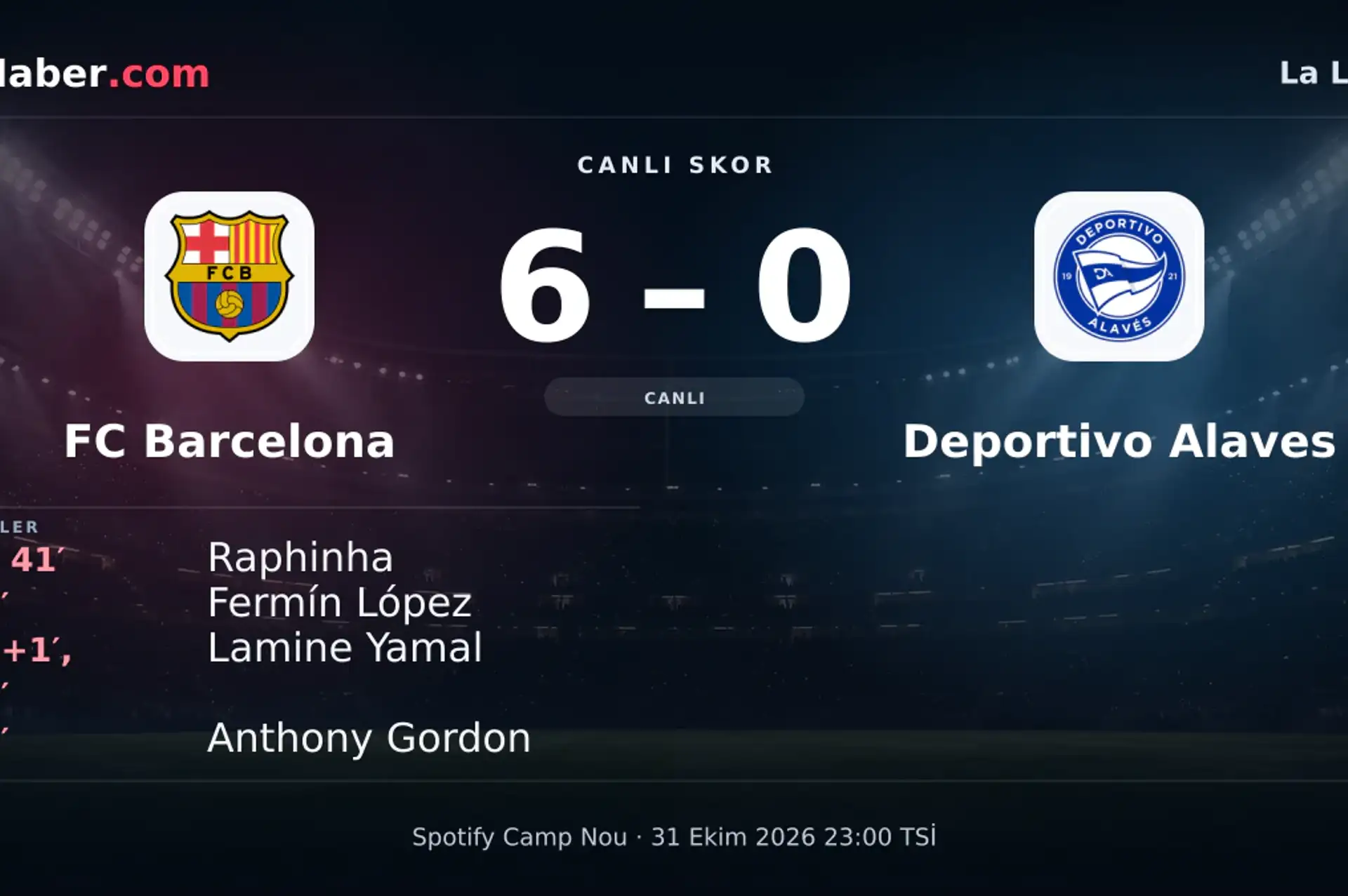 FC Barcelona - Deportivo Alaves: Anthony Gordon 81. dakikada gol attı (6-0) | 31 Ekim 2026