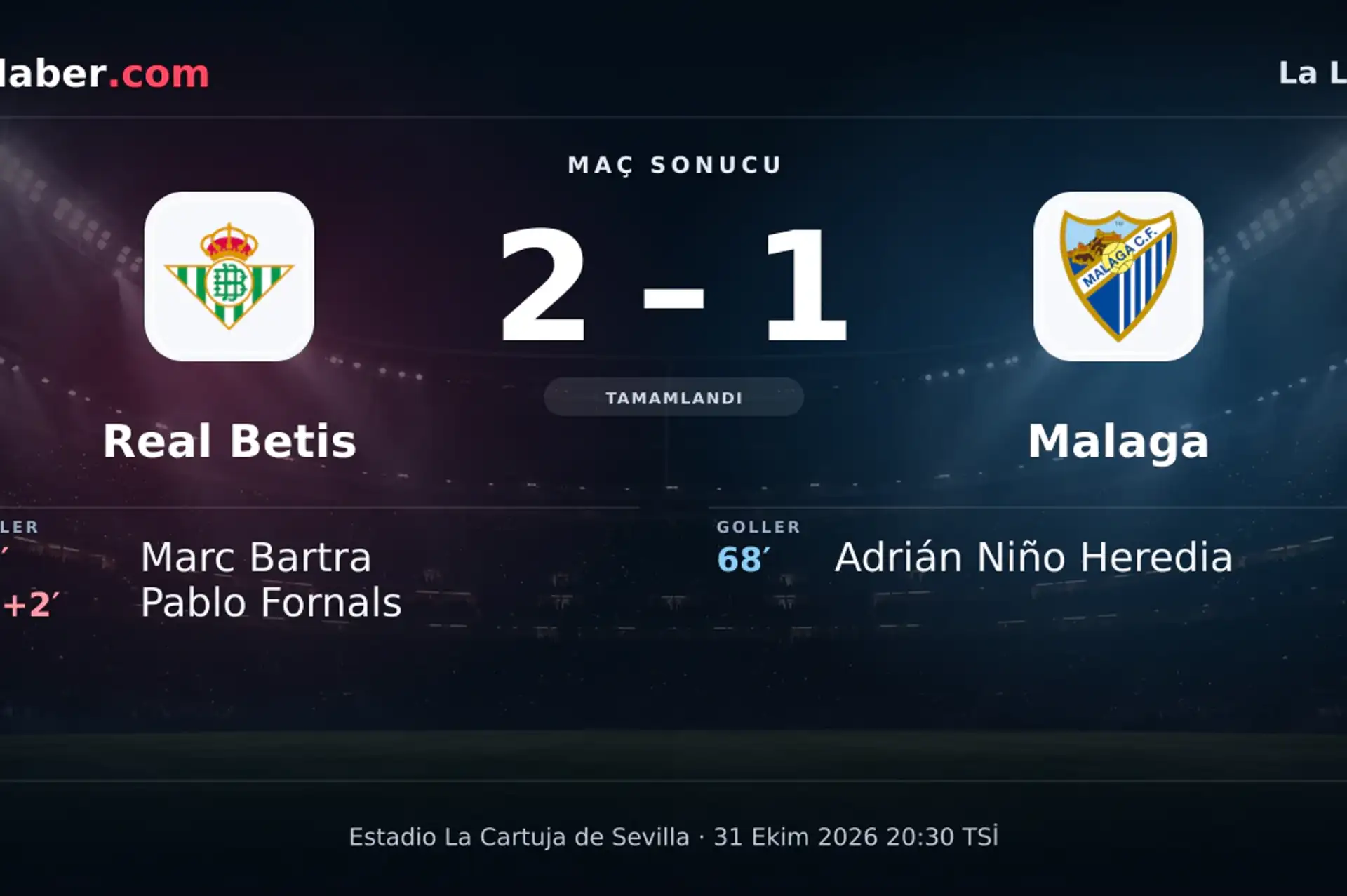 La Liga: Real Betis: 2 - Malaga: 1 (Maç sonucu) | 31 Ekim 2026