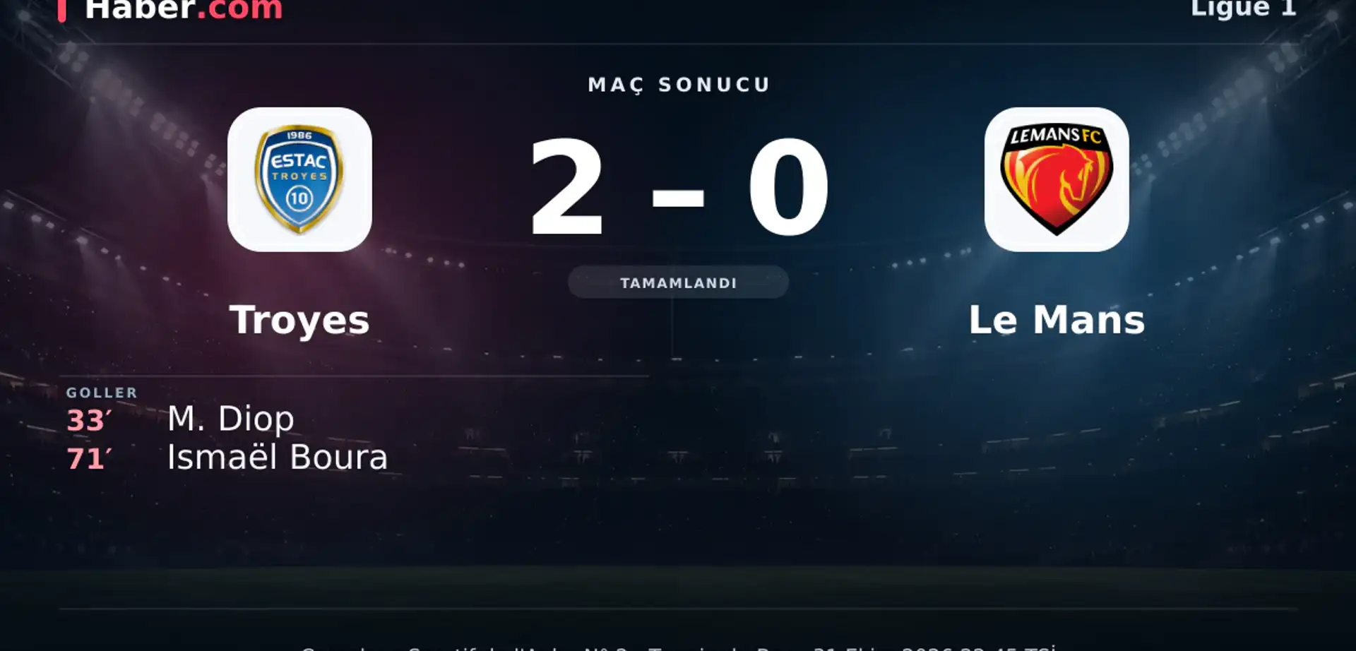 Troyes - Le Mans: Ismaël Boura 71. dakikada gol attı (2-0) | 31 Ekim 2026
