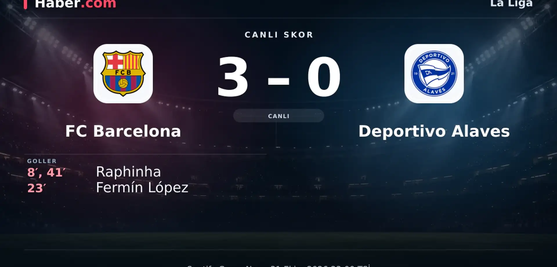 FC Barcelona - Deportivo Alaves: Raphinha 41. dakikada gol attı (3-0) | 31 Ekim 2026