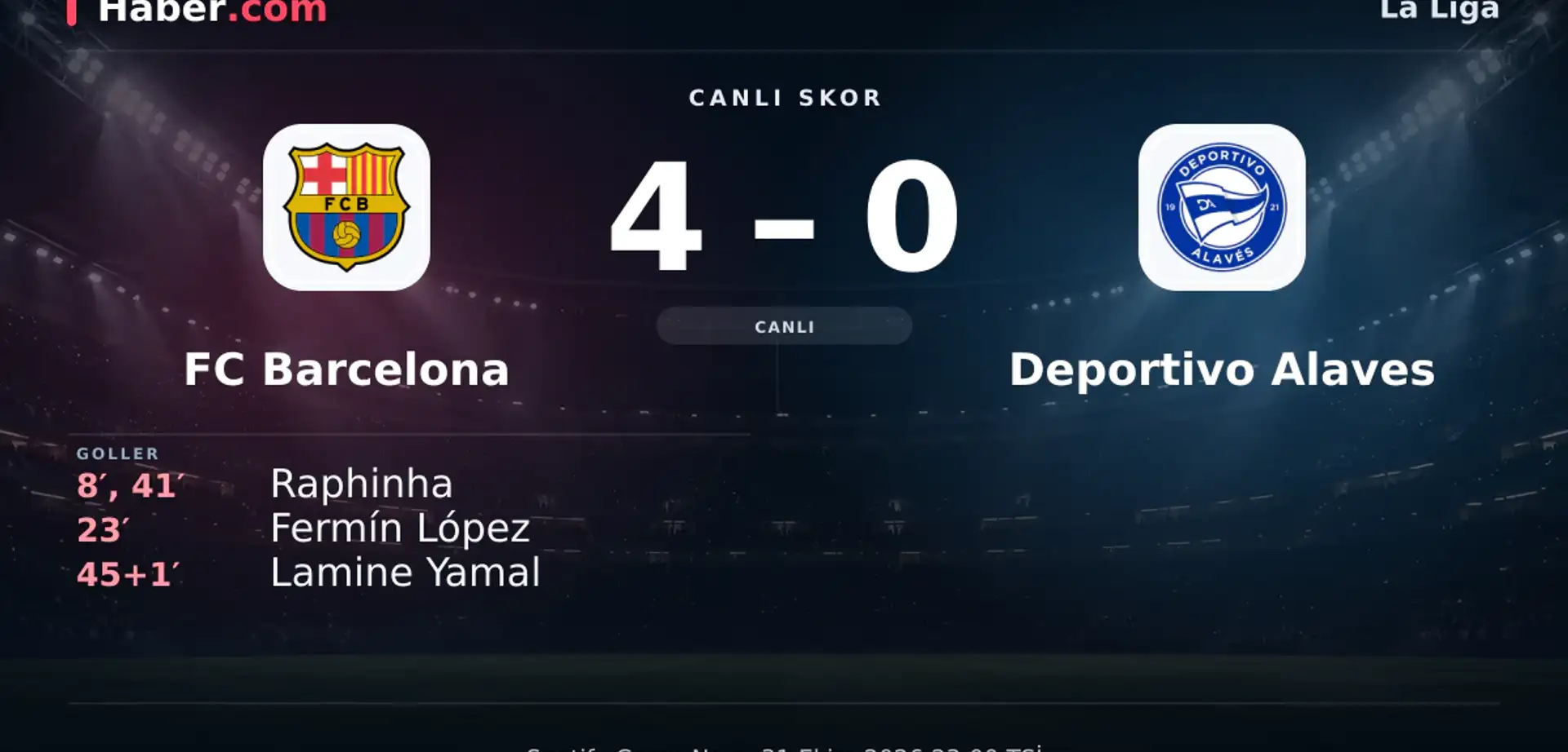 FC Barcelona - Deportivo Alaves: Lamine Yamal 45+1. dakikada gol attı (4-0) | 31 Ekim 2026