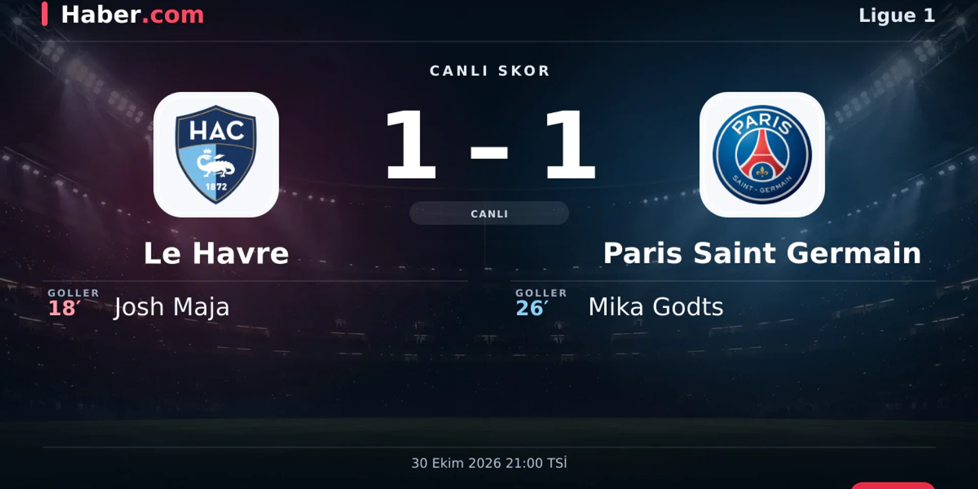 Le Havre - Paris Saint Germain: Mika Godts 26. dakikada gol attı (1-1) | 30 Ekim 2026