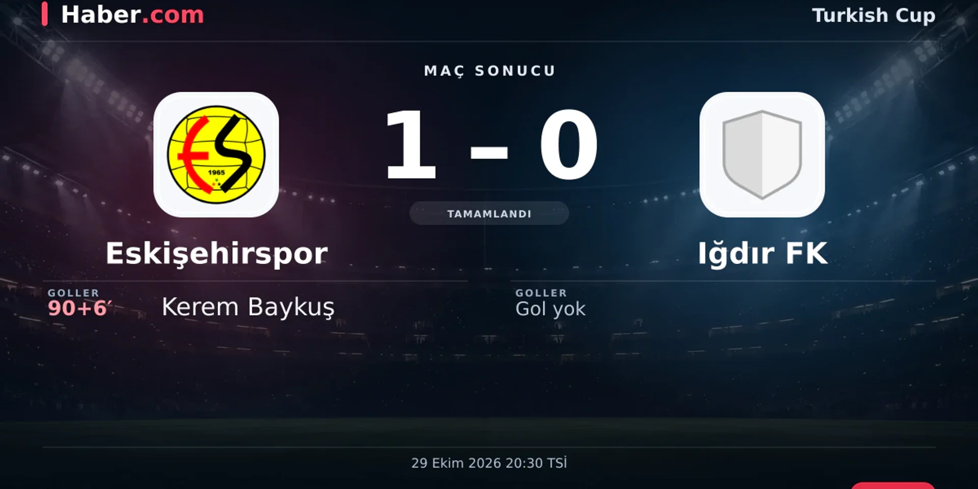 Eskişehirspor - Iğdır FK: Kerem Baykuş 90+6. dakikada gol attı (1-0) | 29 Ekim 2026