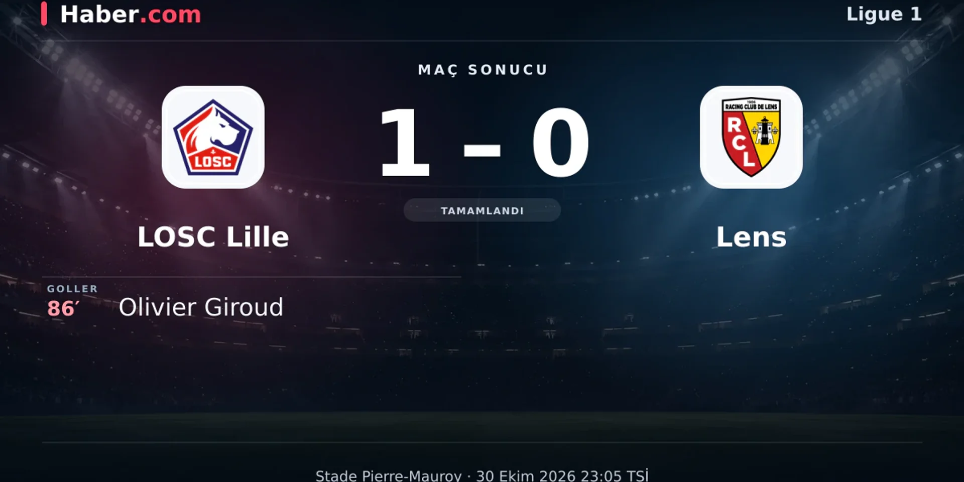 Ligue 1: LOSC Lille: 1 - Lens: 0 (Maç sonucu) | 30 Ekim 2026