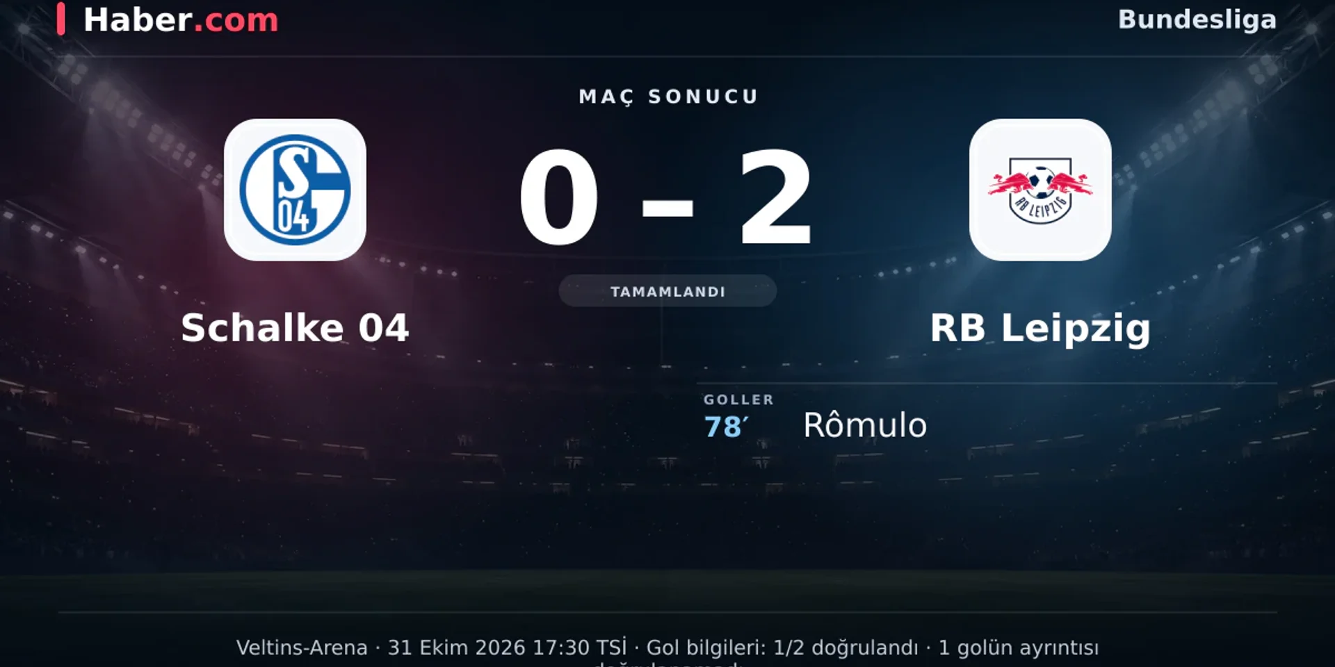 Bundesliga: Schalke 04: 0 - RB Leipzig: 2 (Maç sonucu) | 31 Ekim 2026