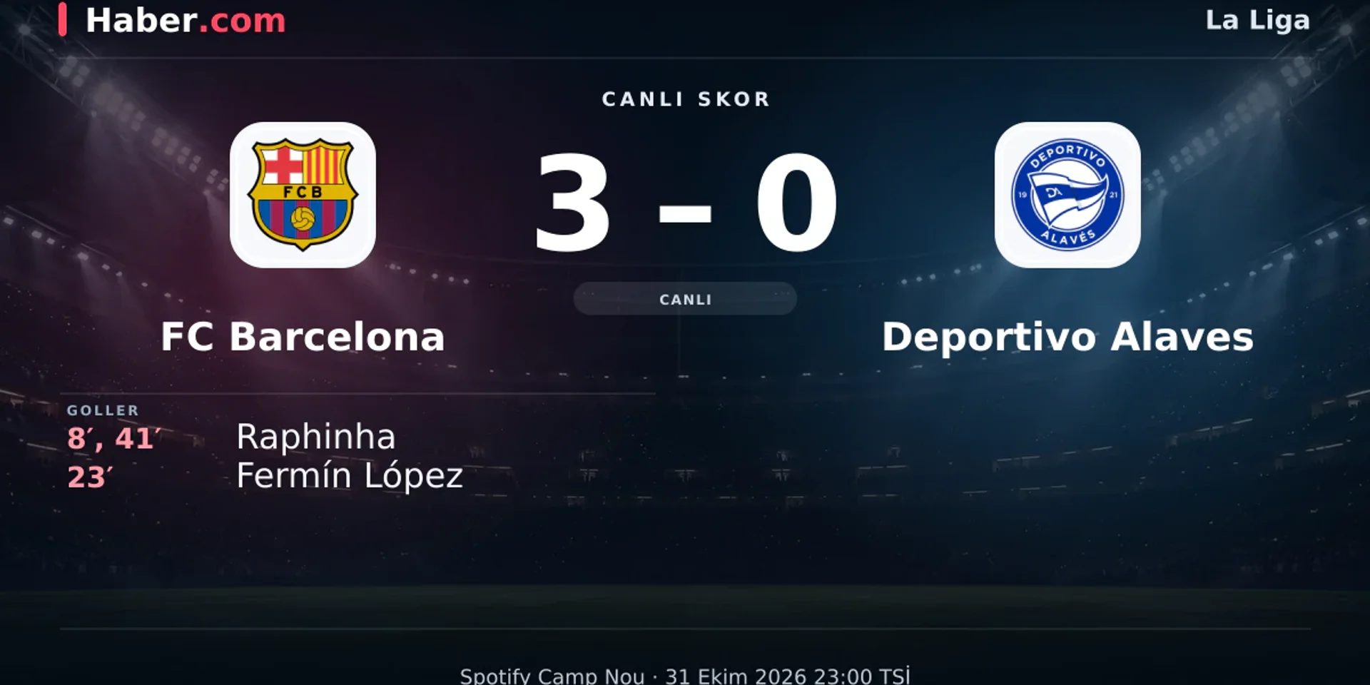 FC Barcelona - Deportivo Alaves: Raphinha 41. dakikada gol attı (3-0) | 31 Ekim 2026