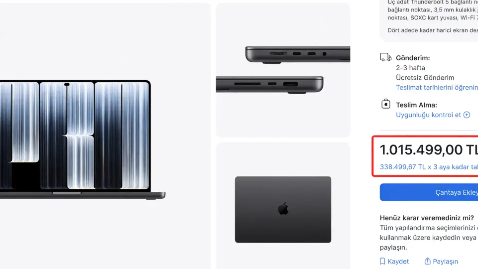 MacBook Pro'nun en yüksek fiyatlı modeli 1 milyon 15 bin TL'ye satılıyor