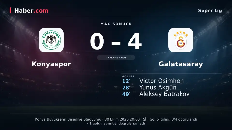Süper Lig: Konyaspor: 0 - Galatasaray: 4 (Maç sonucu) | 30 Ekim 2026