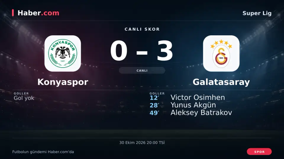 Konyaspor - Galatasaray: Yunus Akgün 28. dakikada gol attı (0-2) | 30 Ekim 2026