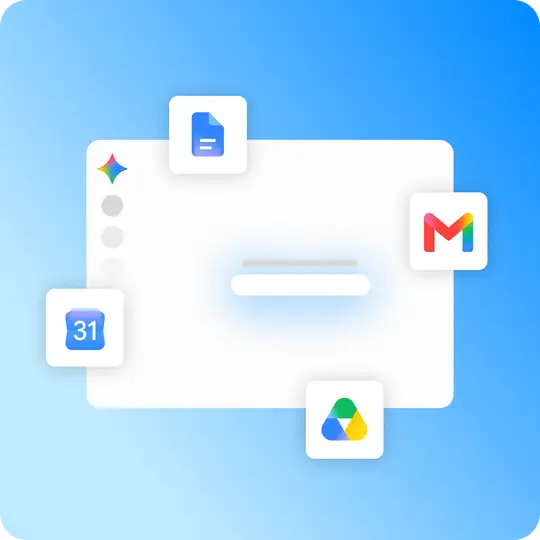 Gemini AI interface card surrounded by floating Google Docs, Gmail, Drive, and Calendar icons on a blue background.