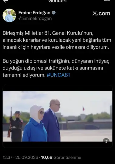 Emine Erdoğandan BM 81. Genel Kurulu mesajı: Uzlaşı ve sükunete katkı sunsun